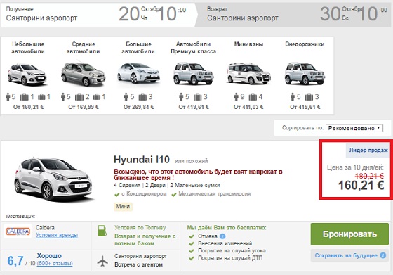 цена аренды автомобиля на Санторини